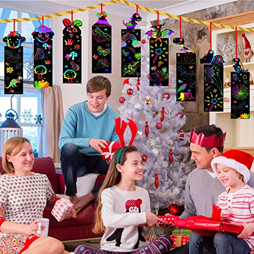 Animal Scratch Art for Kids, 48Pcs Magic Rainbow Bookmarks for Children, Scratch Art Party Bag Fillers, Craft DIY Scratch Paper Art Tags with Wooden