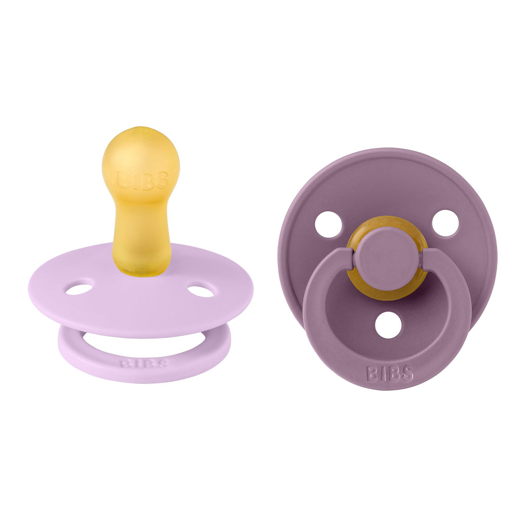 BIBS Colour Soother 2-Pack, BPA Free Dummy Pacifier, Round Nipple. Natural Rubber Latex, Made in Denmark, Size 2 (6-18 Months), Violet Sky/Mauve
