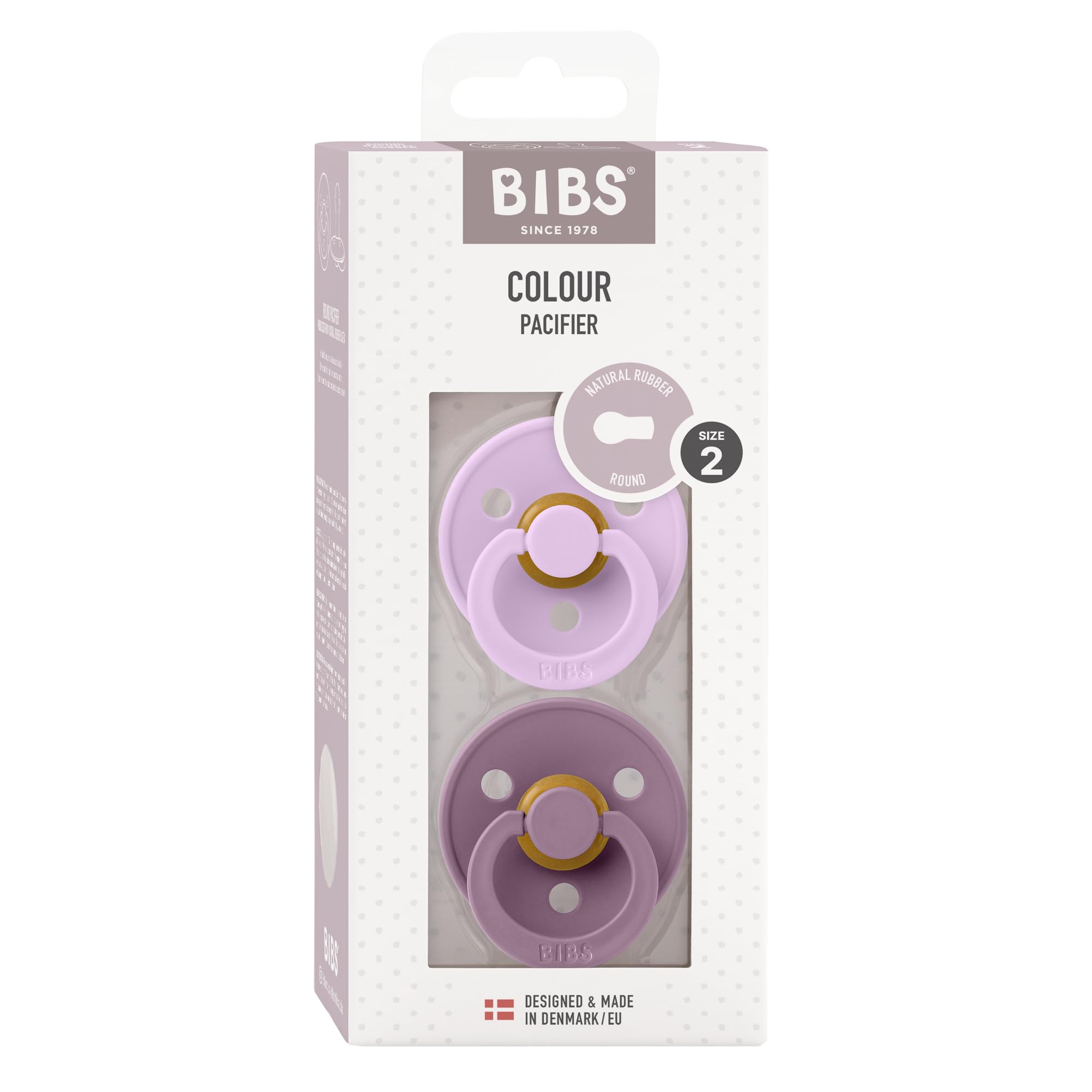 BIBS Colour Soother 2-Pack, BPA Free Dummy Pacifier, Round Nipple. Natural Rubber Latex, Made in Denmark, Size 2 (6-18 Months), Violet Sky/Mauve