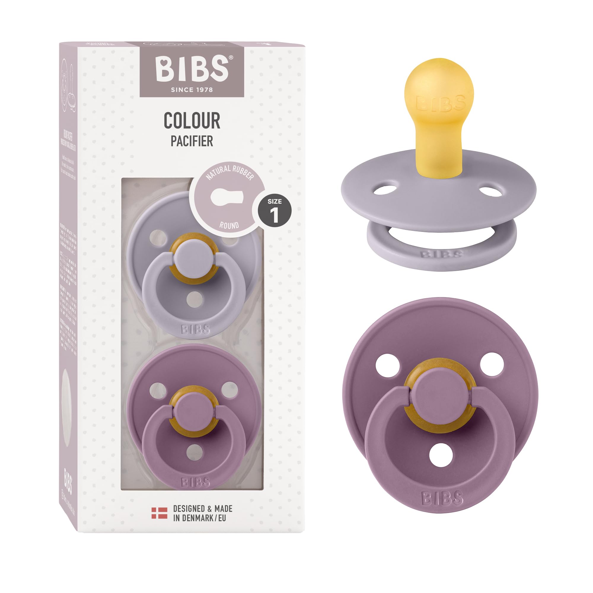 BIBS Colour Soother 2-Pack, BPA Free Dummy Pacifier, Round Nipple. Natural Rubber Latex, Made in Denmark. 0-6 Months (Pack of 2), Mauve/Fossil Grey