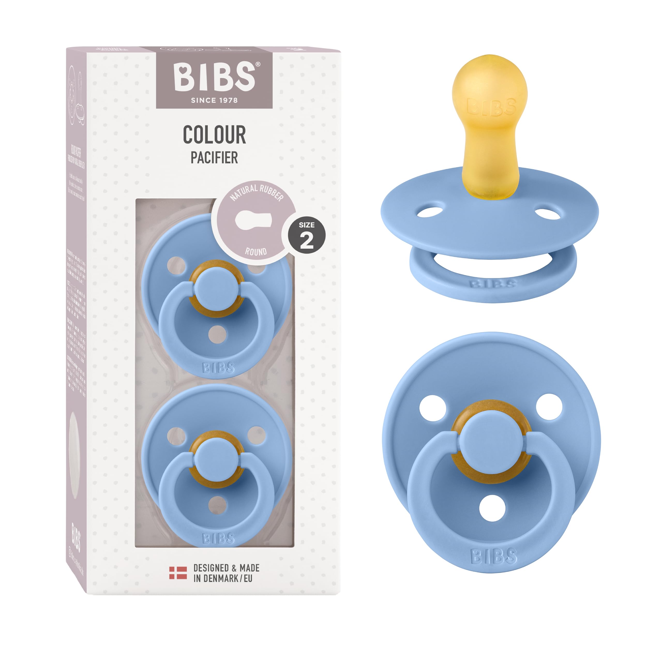 BIBS Colour Soother 2-Pack, BPA Free Dummy Pacifier, Symmetrical Nipple. Natural Rubber Latex, Made in Denmark, Size 2 (6-18 Months), Sky Blue