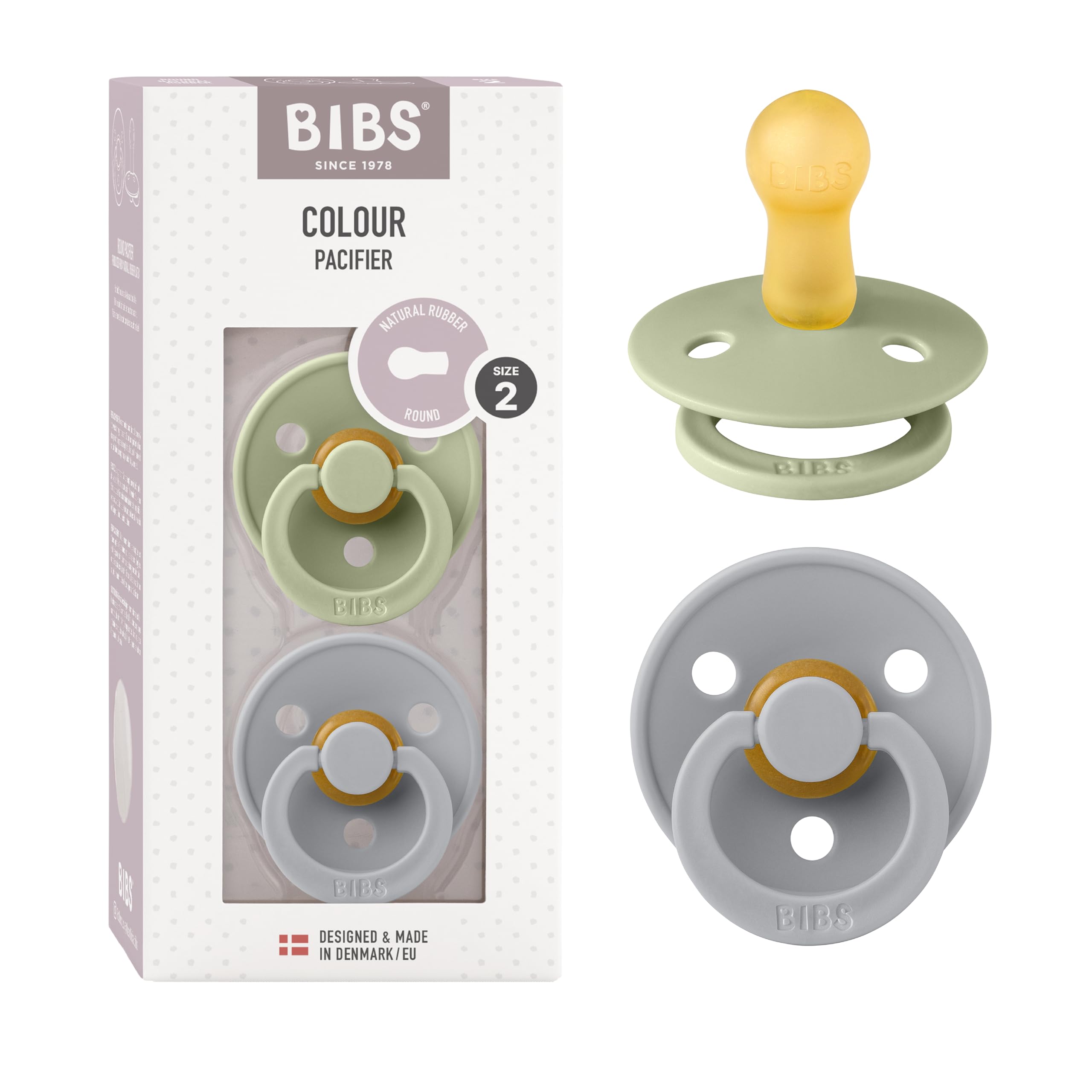 BIBS Colour Soother 2-Pack, BPA Free Dummy Pacifier, Round Nipple. Natural Rubber Latex, Size 2 (6-18 Months), Sage/Cloud