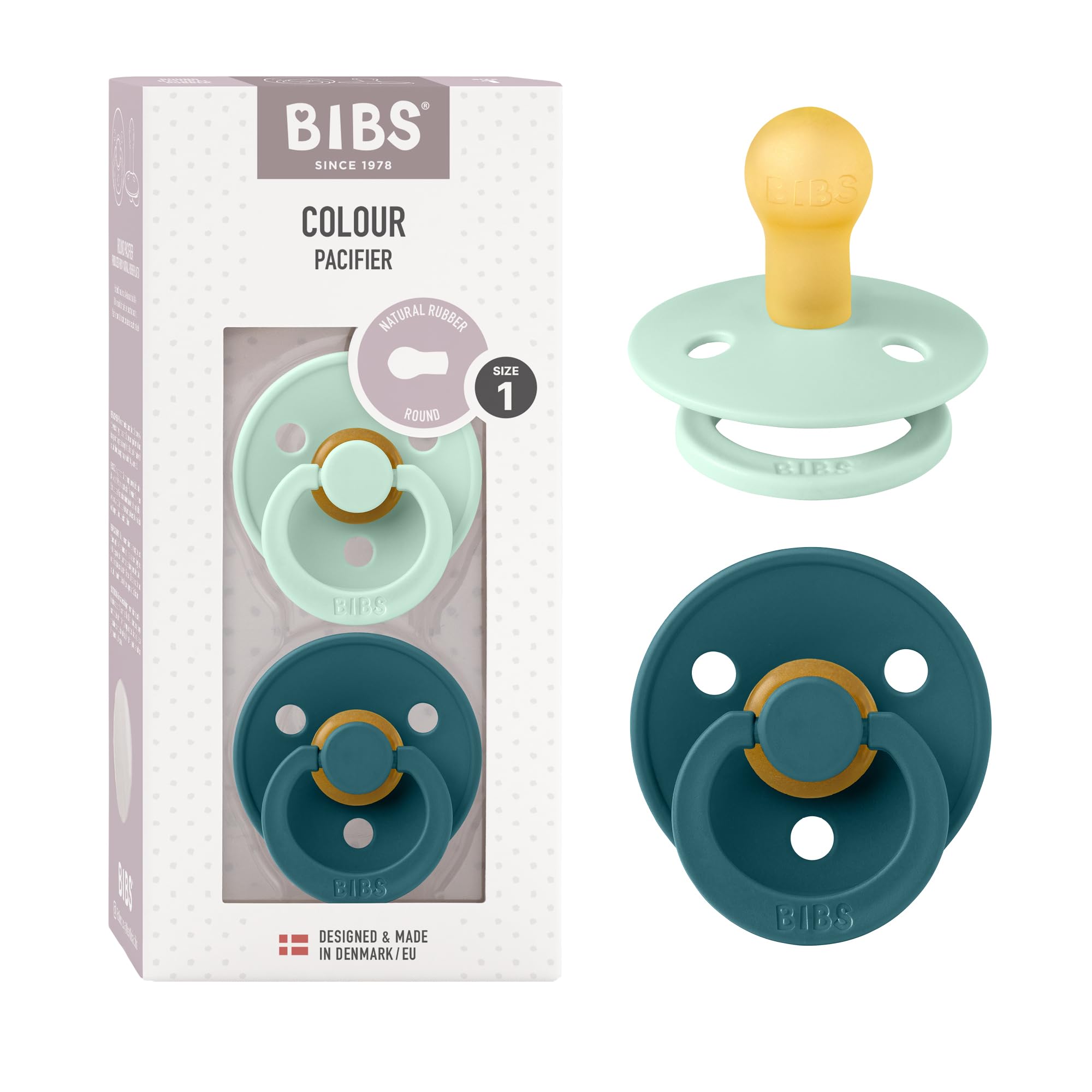 BIBS Colour Soother 2-Pack, BPA Free Dummy Pacifier, Round Nipple. Natural Rubber Latex, Size 1 (0-6 Months), Nordic Mint/Forest Lake