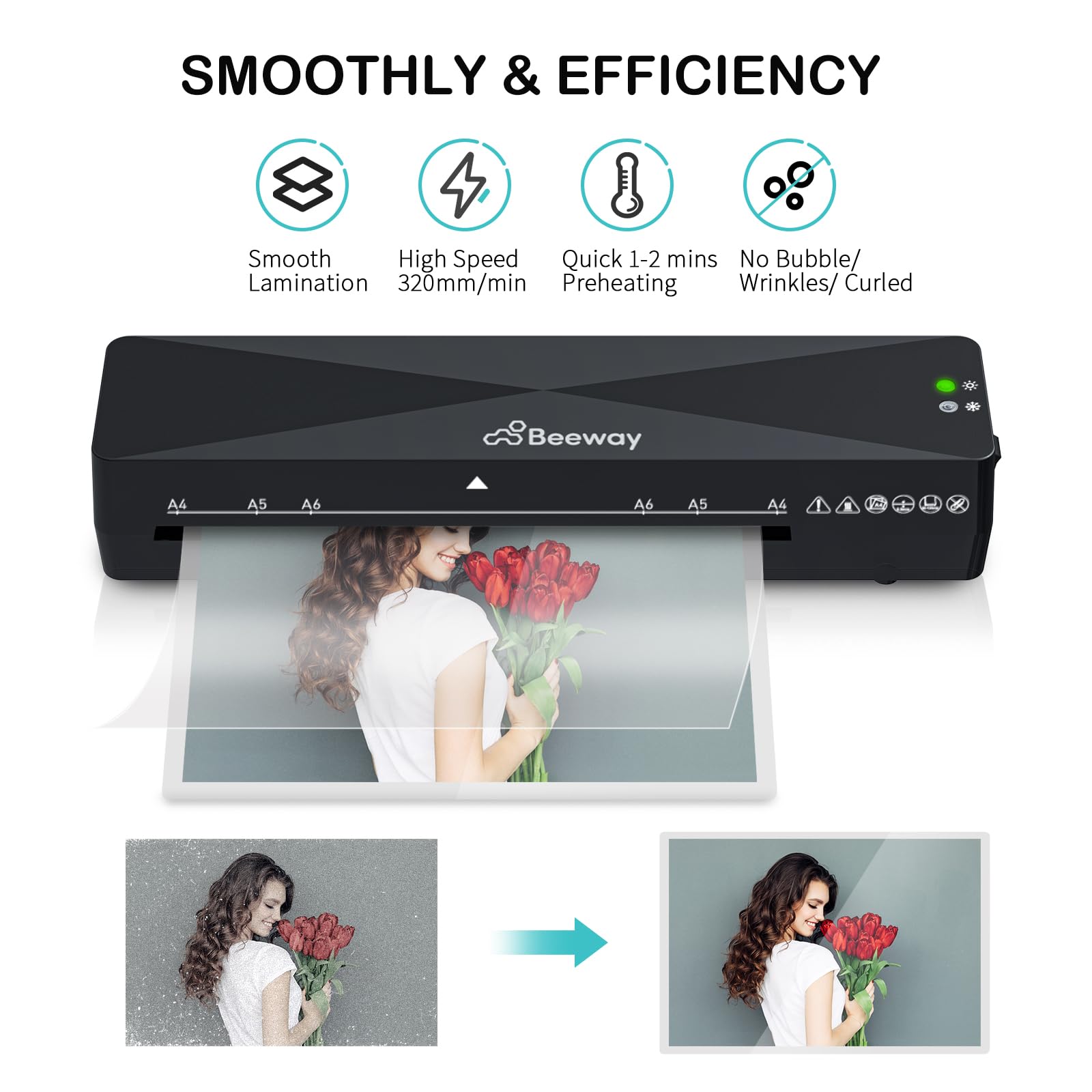 BEEWAY Laminator, A4 Laminator Machine - Fast Warm Up, High Speed Laminating, Thermal and Cold Options for Home Office School Use - Bonus 30 Sheets A6