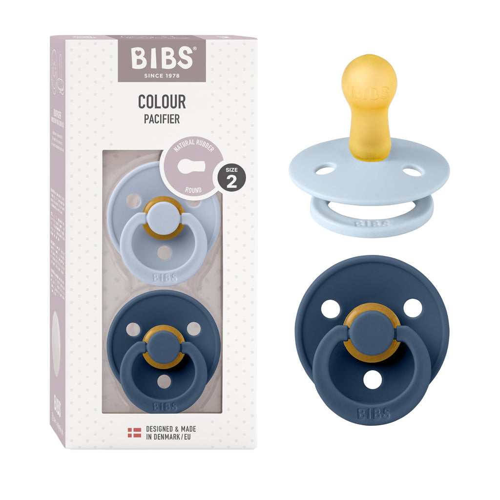 BIBS Colour Soother 2-Pack, BPA Free Dummy Pacifier, Round Nipple. Natural Rubber Latex, Made in Denmark. 6-18 Months (Pack of 2), Dusty Blue/Steel