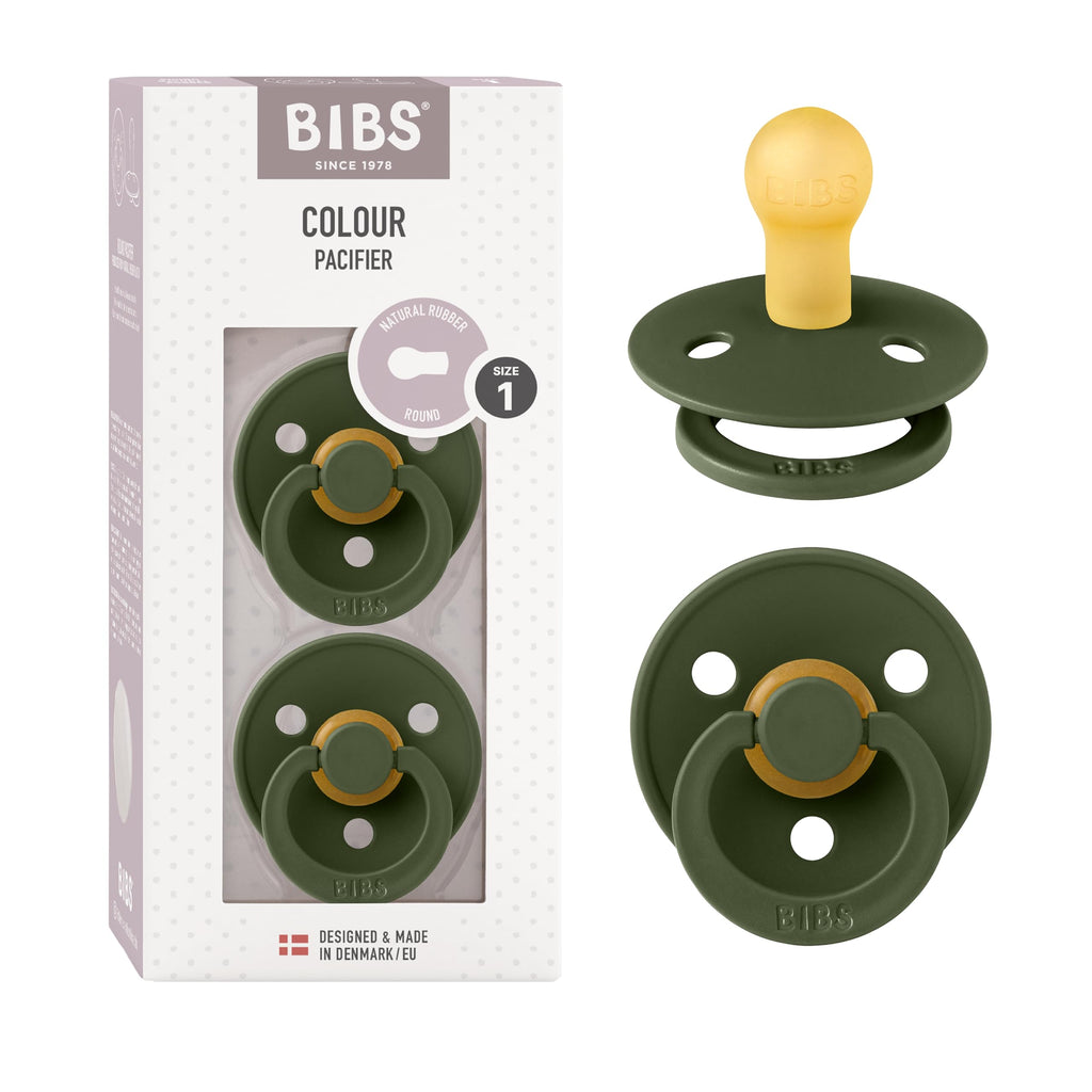 BIBS Colour Soother 2-Pack, BPA Free Dummy Pacifier, Symmetrical Nipple. Natural Rubber Latex, Made in Denmark, Size 1 (0-6 Months), Hunter Green