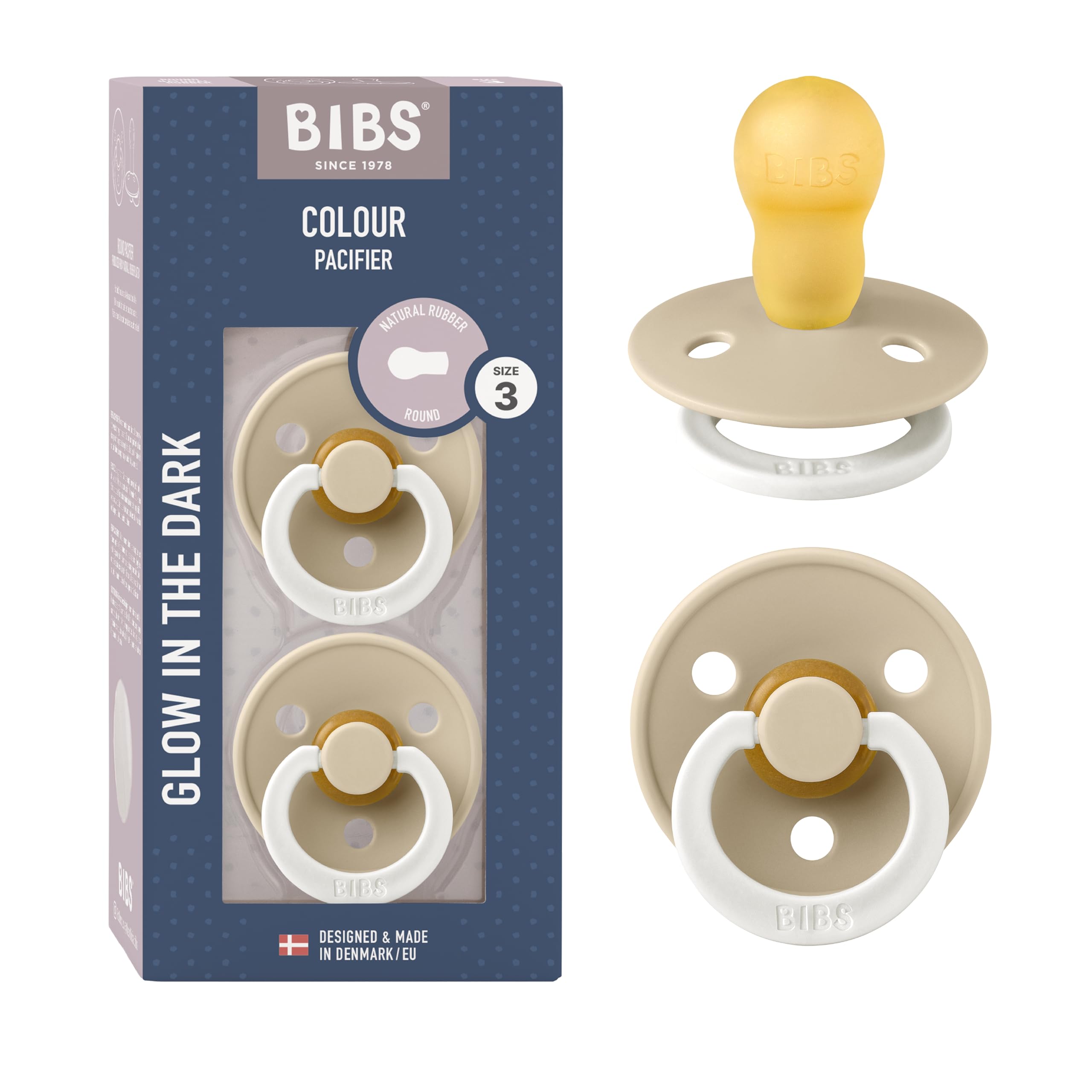 BIBS Colour Night Soother 2-Pack, BPA Free Dummy Pacifier, Symmetrical Nipple. Natural Rubber Latex, Made in Denmark, Size 3 (18+ Months), Vanilla