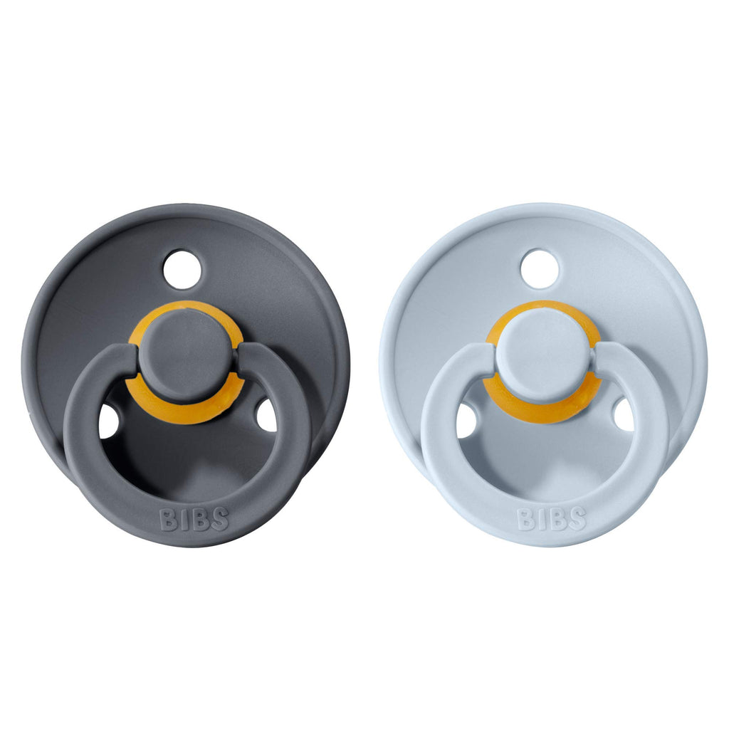 BIBS Colour Soother 2-Pack, BPA Free Dummy Pacifier, Round Nipple. Natural Rubber Latex, Size 1 (0-6 Months), Iron/Baby Blue