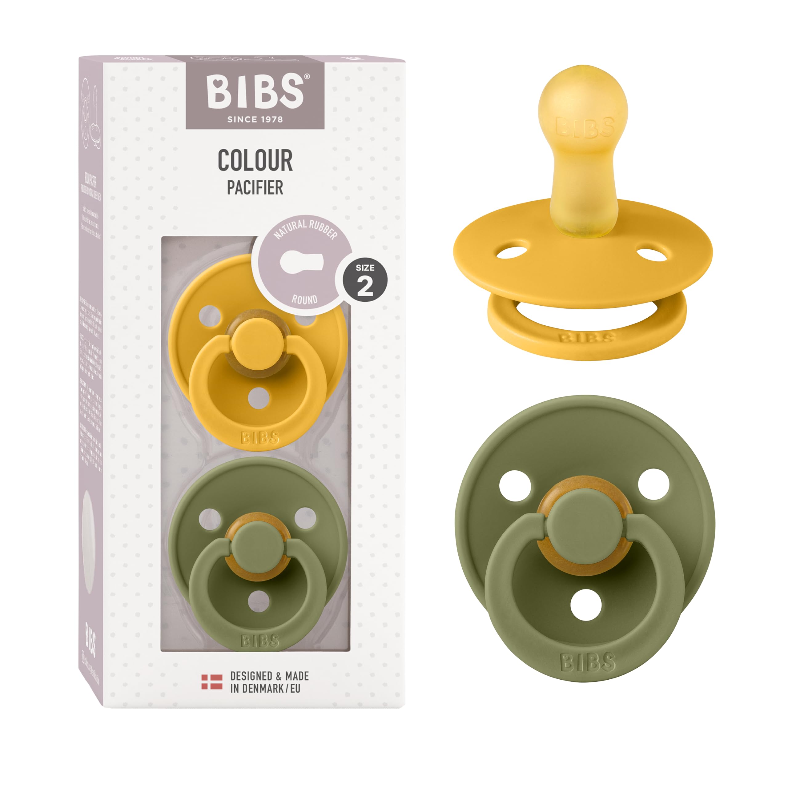 BIBS Colour Soother 2-Pack, BPA Free Dummy Pacifier, Round Nipple. Natural Rubber Latex, Size 2 (6-18 Months), Honey Bee/Olive