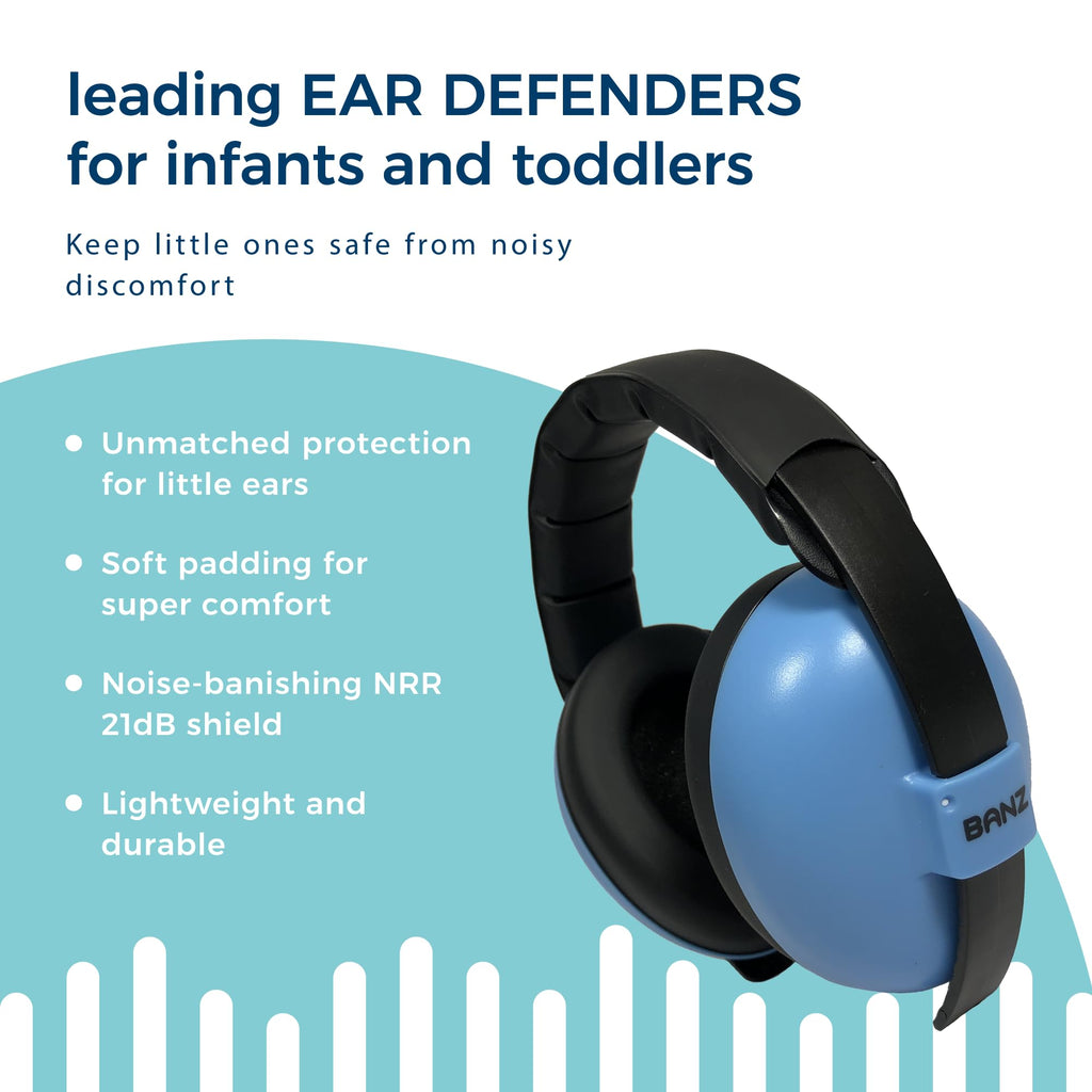 Banz Bubzee Baby Ear Defenders 0-36 Months ? Sky Blue - Loud Noise Cancelling Baby Headphones & Toddler Ear Muffs, Size Adjustable