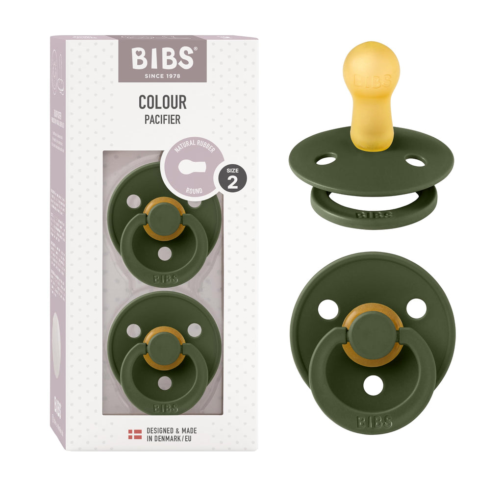 BIBS Colour Soother 2-Pack, BPA Free Dummy Pacifier, Symmetrical Nipple. Natural Rubber Latex, Made in Denmark, Size 2 (6-18 Months), Hunter Green