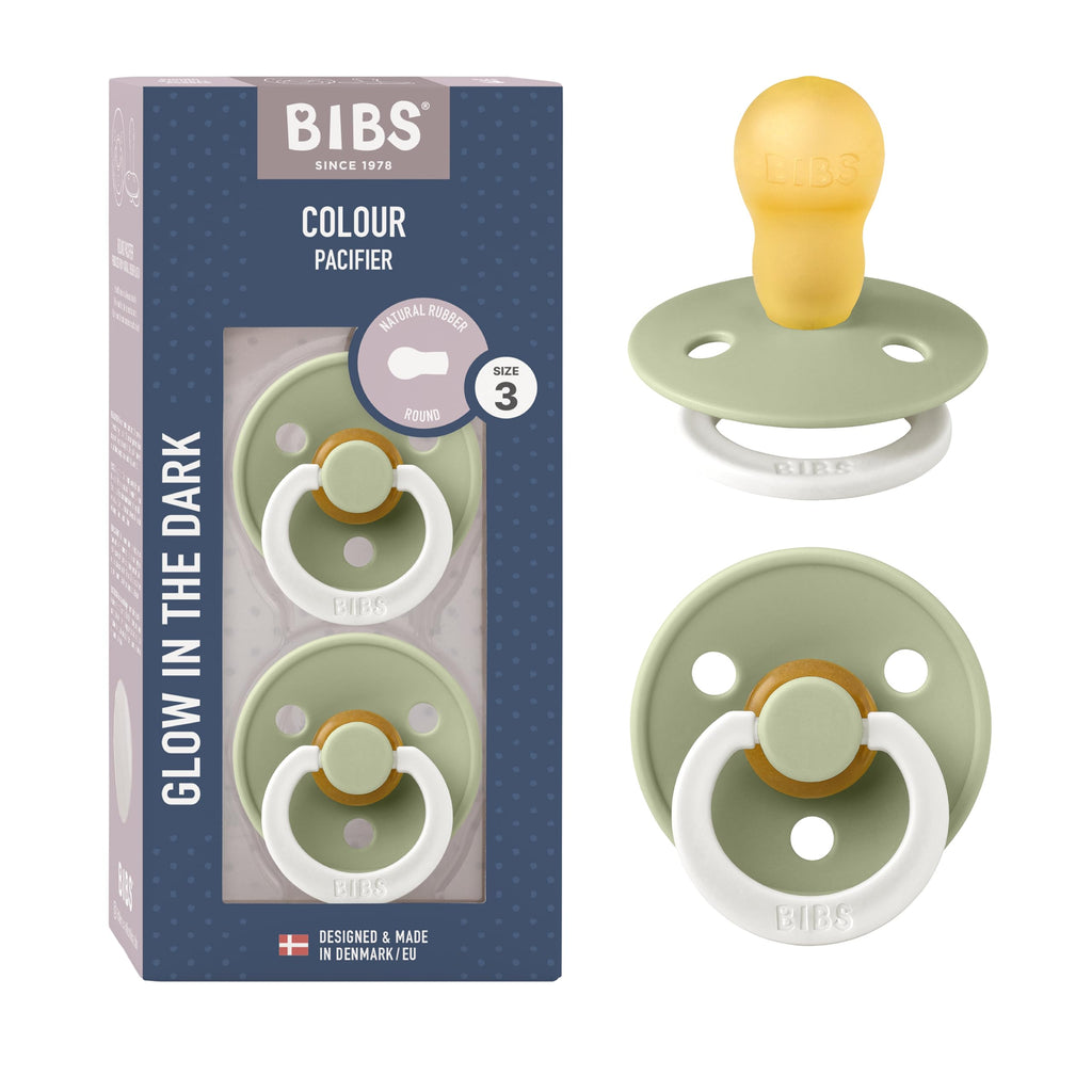 BIBS Colour Night Soother 2-Pack, BPA Free Dummy Pacifier, Symmetrical Nipple. Natural Rubber Latex, Made in Denmark, Size 3 (18+ Months), Sage Glow