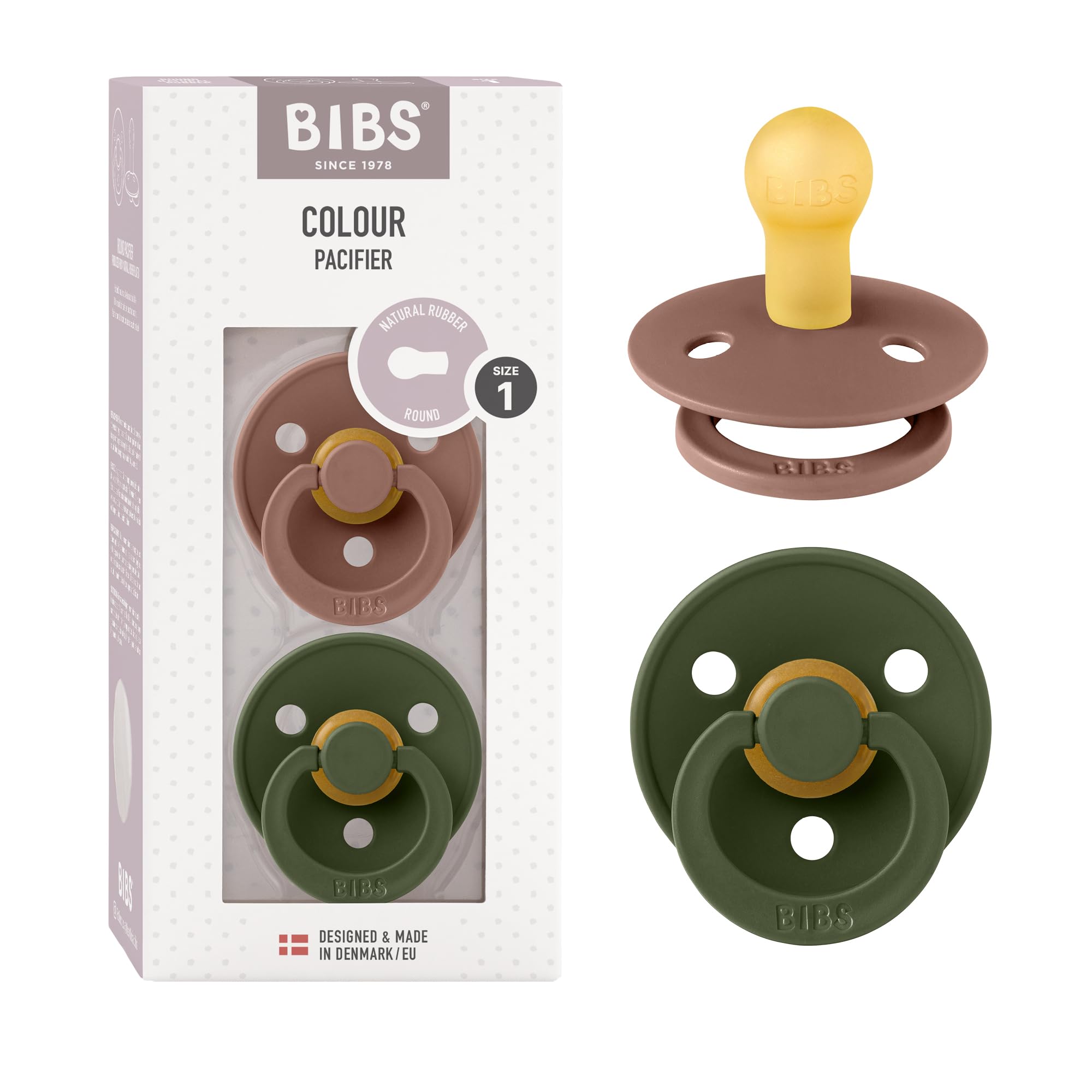 BIBS Colour Soother 2-Pack, BPA Free Dummy Pacifier, Round Nipple. Natural Rubber Latex, Size 1 (0-6 Months), Woodchuck/Hunter Green