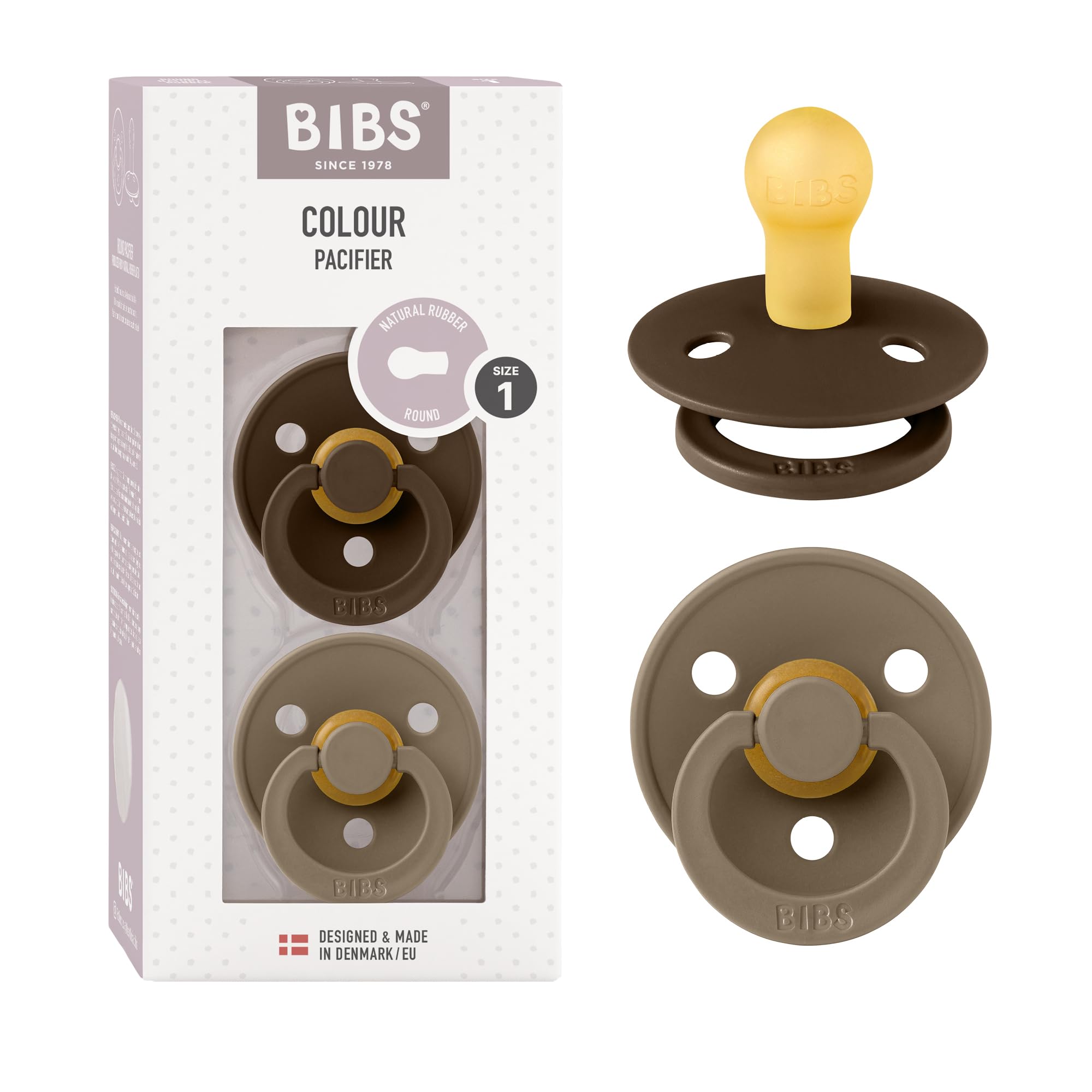 BIBS Colour Soother 2-Pack, BPA Free Dummy Pacifier, Round Nipple. Natural Rubber Latex, Size 1 (0-6 Months), Mocha/Dark Oak