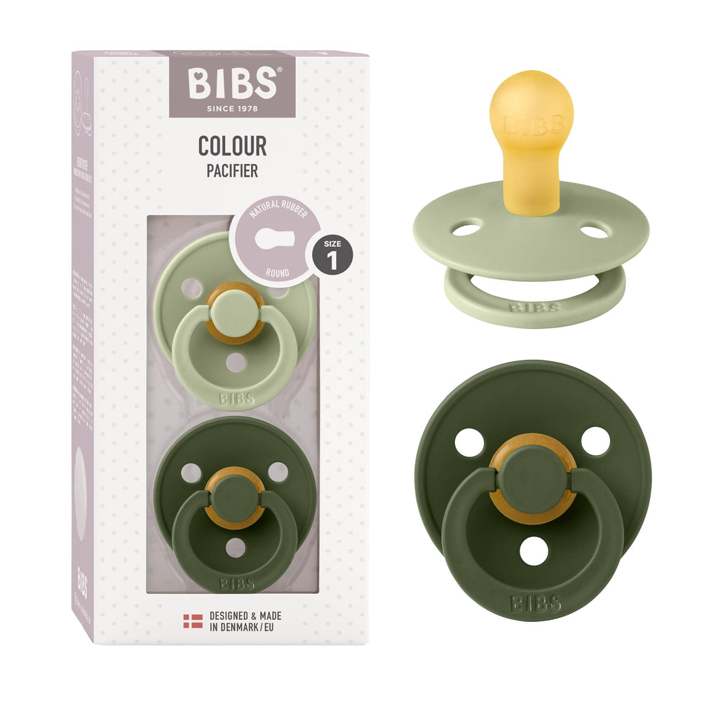 BIBS Colour Soother 2-Pack, BPA Free Dummy Pacifier, Round Nipple. Natural Rubber Latex, Size 1 (0-6 Months), Sage/Hunter Green