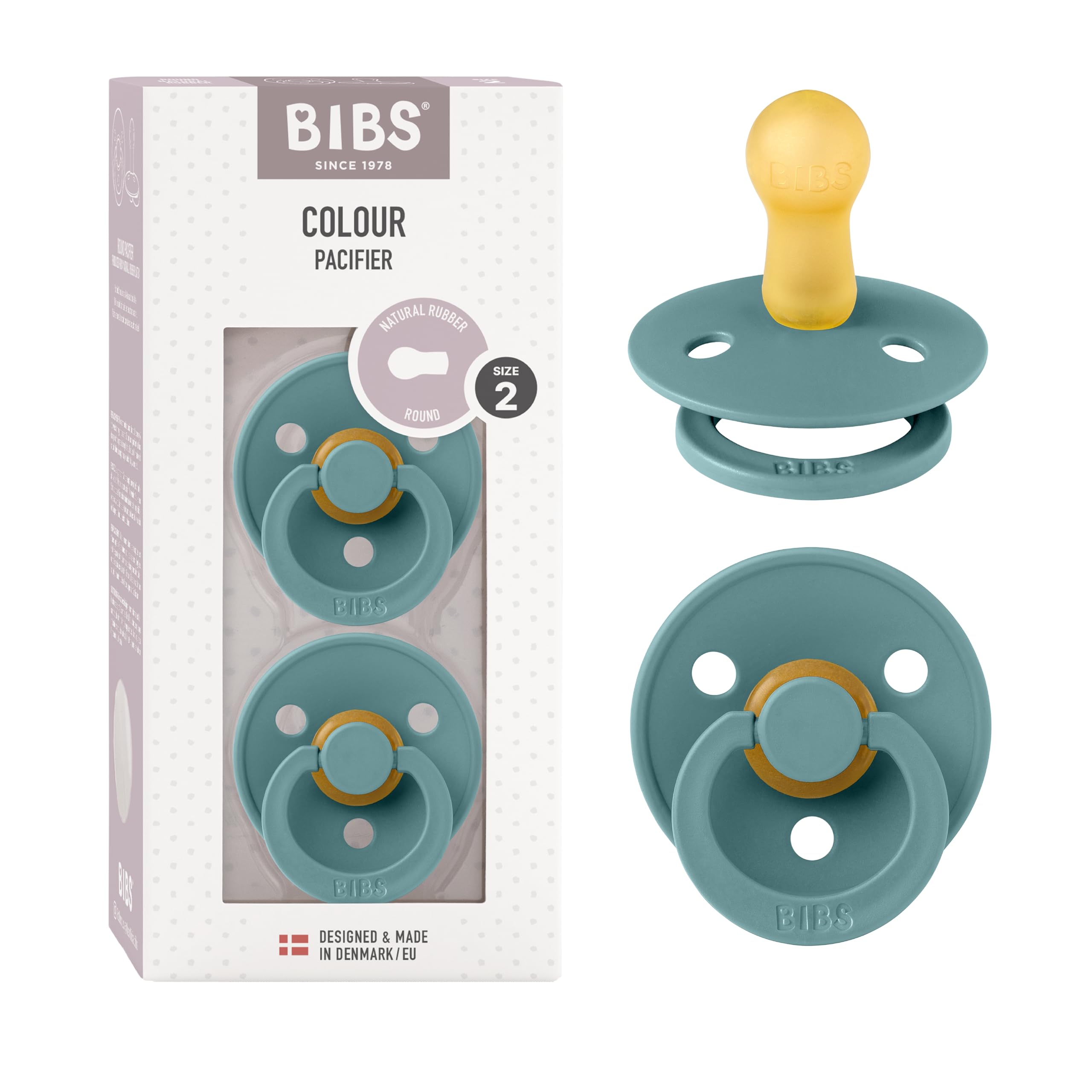 BIBS Colour Soother 2-Pack, BPA Free Dummy Pacifier, Symmetrical Nipple. Natural Rubber Latex, Made in Denmark, Size 2 (6-18 Months), Island Sea