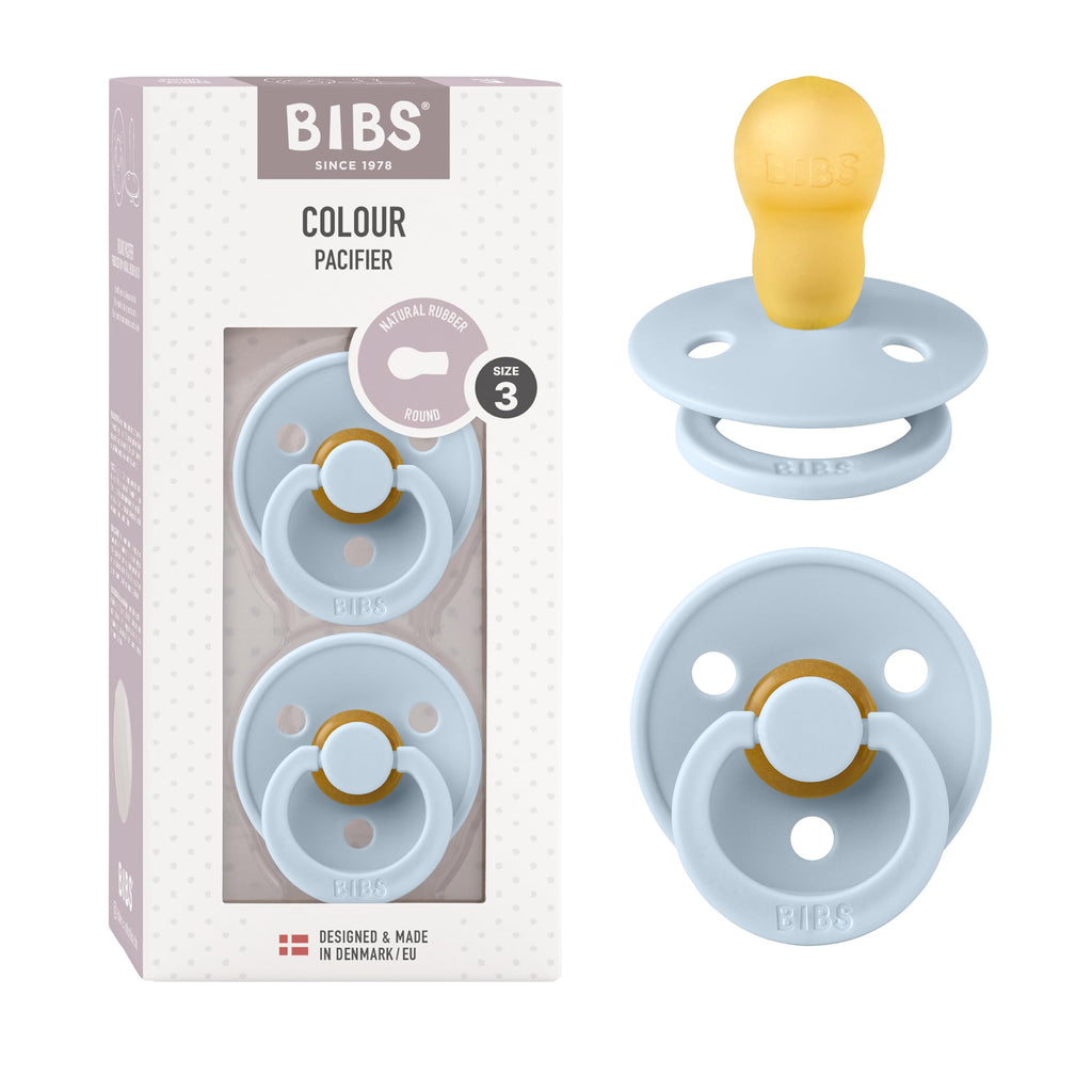 BIBS Colour Soother 2-Pack, BPA Free Dummy Pacifier, Symmetrical Nipple. Natural Rubber Latex, Made in Denmark, Size 3 (18+ Months), Baby Blue