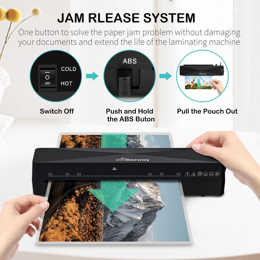 BEEWAY Laminator, A4 Laminator Machine - Fast Warm Up, High Speed Laminating, Thermal and Cold Options for Home Office School Use - Bonus 30 Sheets A6