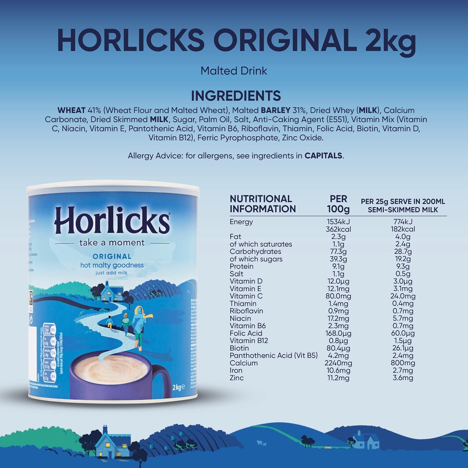 Horlicks Original Malted Milk 2kg (Pack of 1) - Just add milk, The Original Malted Drink. High in Calcium, Zinc, Vitamin C, Vitamin D & Vitamin B12.