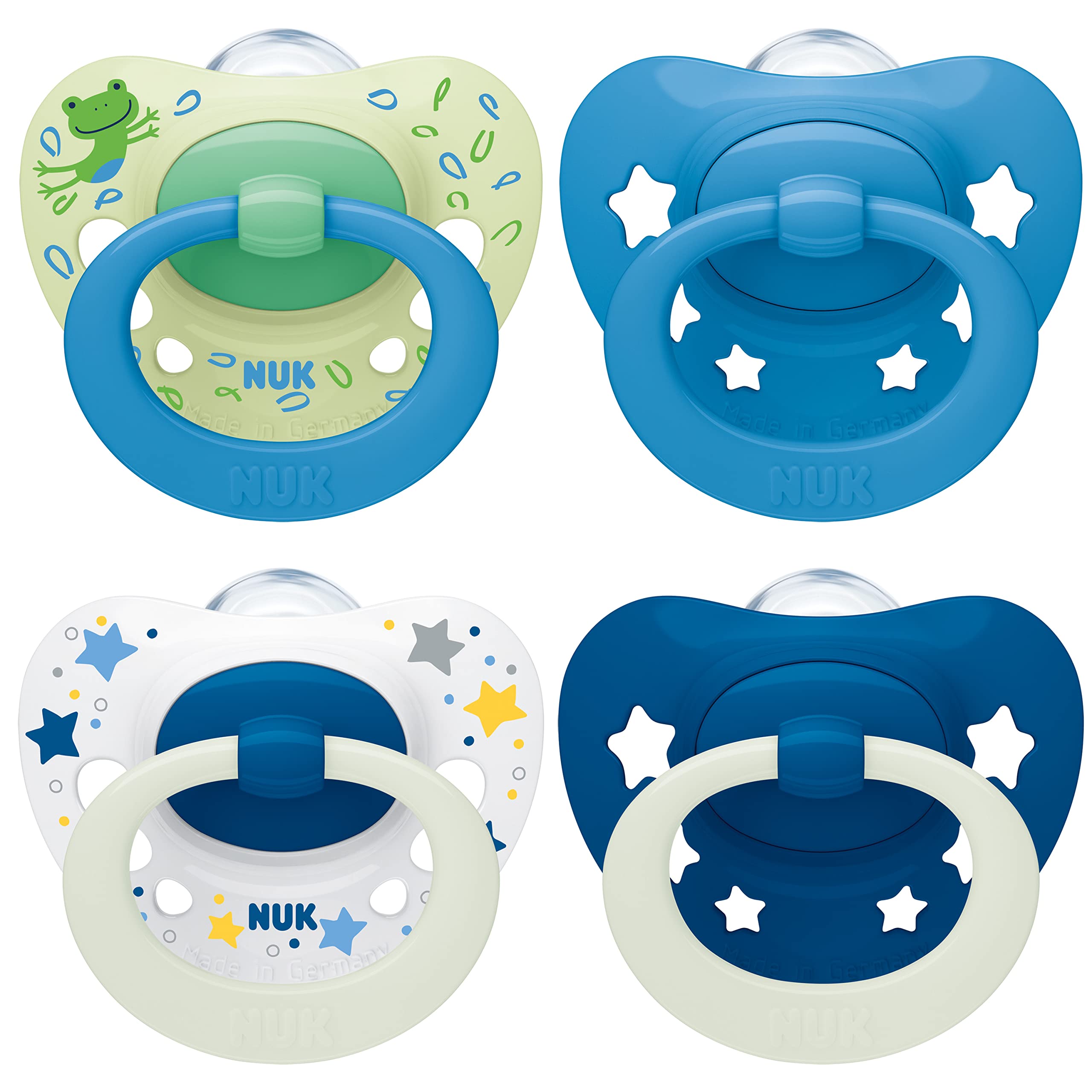 NUK Signature Day & Night Baby Dummy 18-36 months Soothes 95% of Babies Heart-Shaped BPA-Free Silicone Soothers Glow-in-the-Dark Stars 4 Count