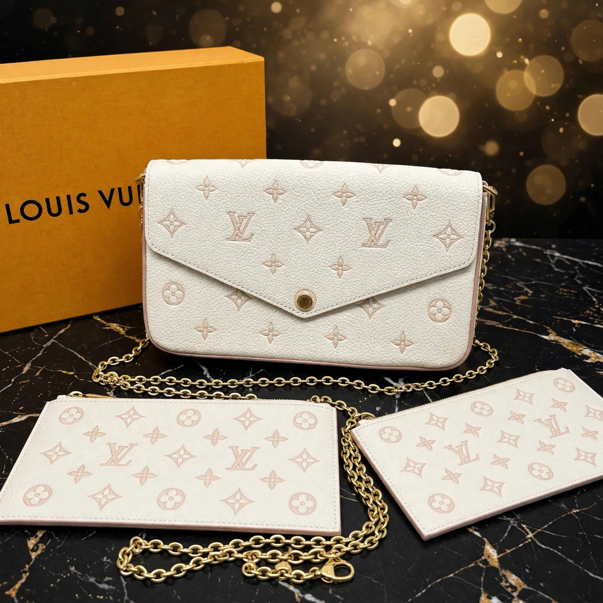 Authentic Louis Vuitton Pochette Félicie Monogram Empreinte Cream Pink